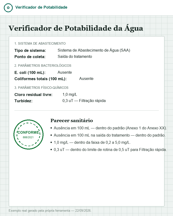 Tela do verificador com E. coli ausente, cloro em 1,0 mg/L, turbidez em 0,3 uT e selo Conforme carimbado sobre o laudo